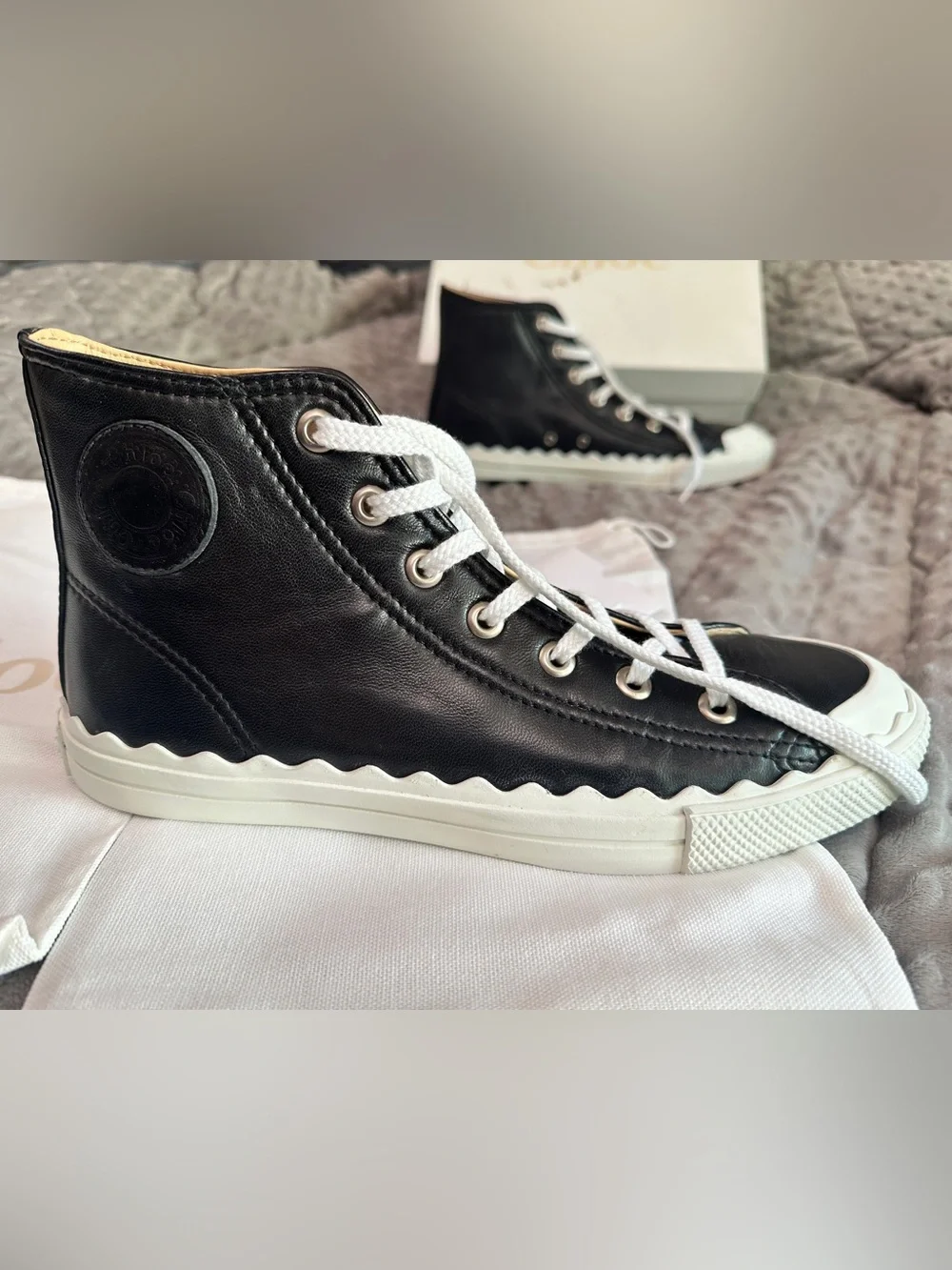 RARE NIB Chloé Black Lambskin Leather High-Top Sneakers with scalloped sole